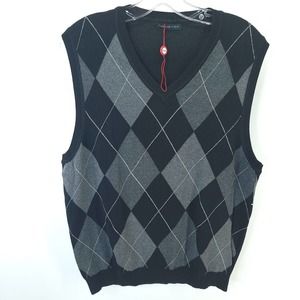 Van Heusen Mens Black Gray Argyle V Neck Sleeveless Pullover Sweater Vest Sz XL